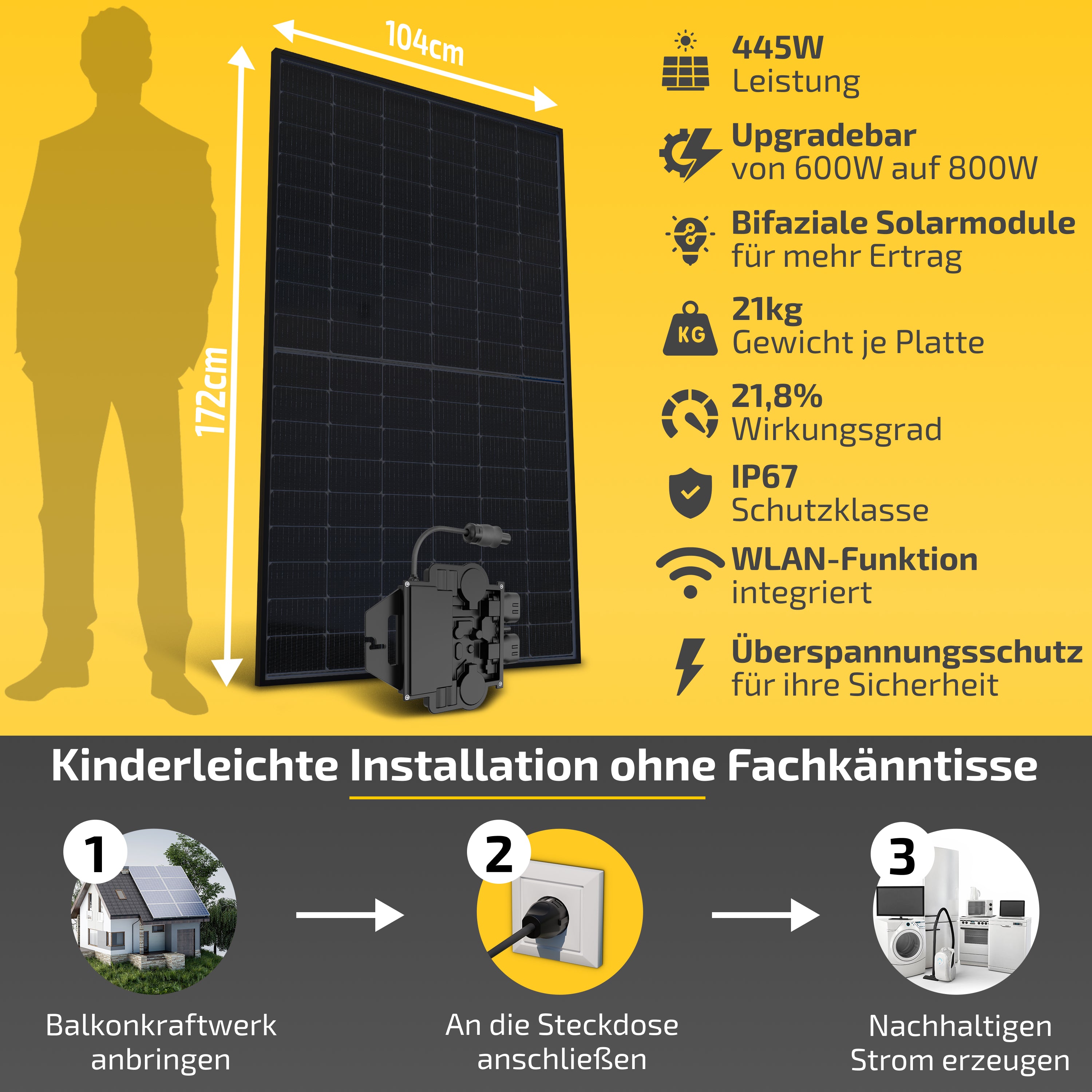 Balkonkraftwerk 850W für Balkon Flach & Aufgeständert (0-30°)