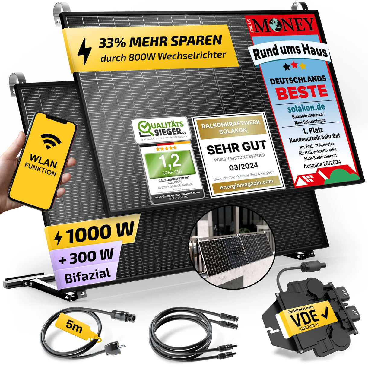SOLAKON onBasic Balkonkraftwerk 1000/800 Watt (upgradefähig und bifazial) mit Neigungswinkel 20° bis 40° für Gitterbalkon