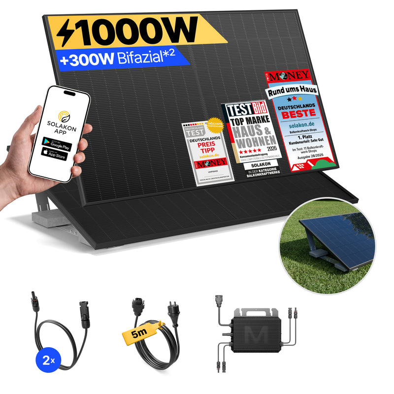 Kleines Kraftwerk 1000W Balkonkraftwerk XL Flachdach-Halterung – 800W Wechselrichter mit WiFi & Bluetooth, 2×500W bifaziale Solarmodule, 10 m Kabel – Solaranlage Komplettset Kleines Kraftwerk 1000W Balkonkraftwerk XL Flachdach-Halterung – 800W Wechselrichter mit WiFi & Bluetooth, 2×500W bifaziale Solarmodule, 10 m Kabel – Solaranlage Komplettset