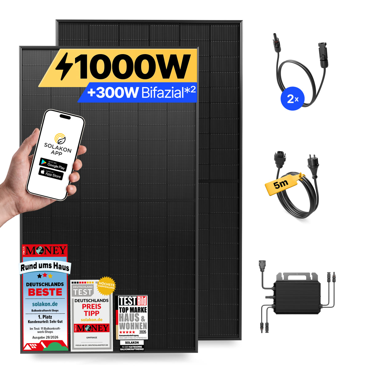 Solakon onBasic 1000W Balkonkraftwerk mit zwei JA-Solar-Modulen und Marstek Wechselrichter