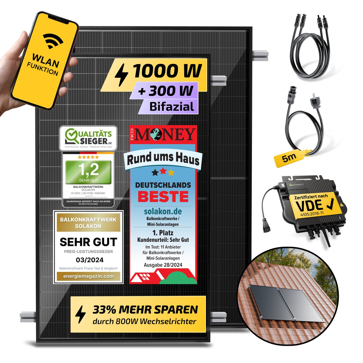 Solakon onBasic 1000W Balkonkraftwerk für Schrägdach / Ziegeldach Paarmontage oder Einzelmontage