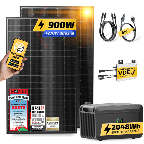 Solakon onLite 900W Balkonkraftwerk mit Growatt Noah 2000 Speicher