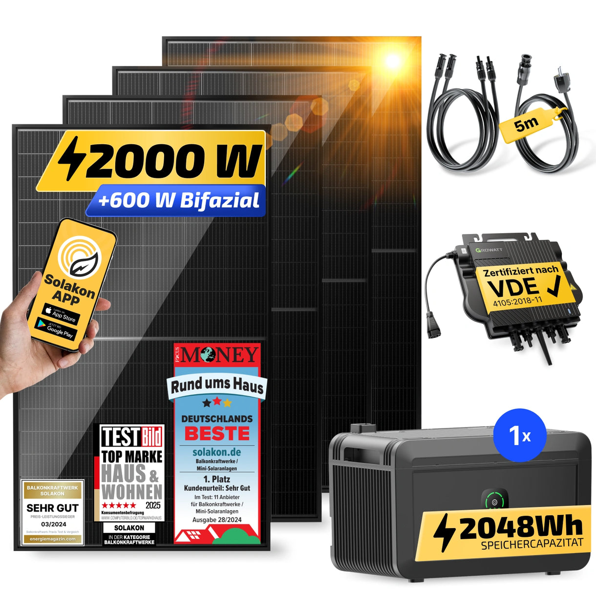 Solakon onPower 2000W Balkonkraftwerk mit Growatt Noah 2000 Speicher